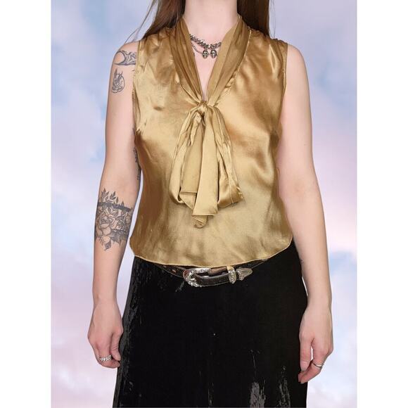 Y2k The Limited Gold Shimmery V-Neck Tie Front Poet Silk Croquette Tank Top Sz S - Picture 1 of 8